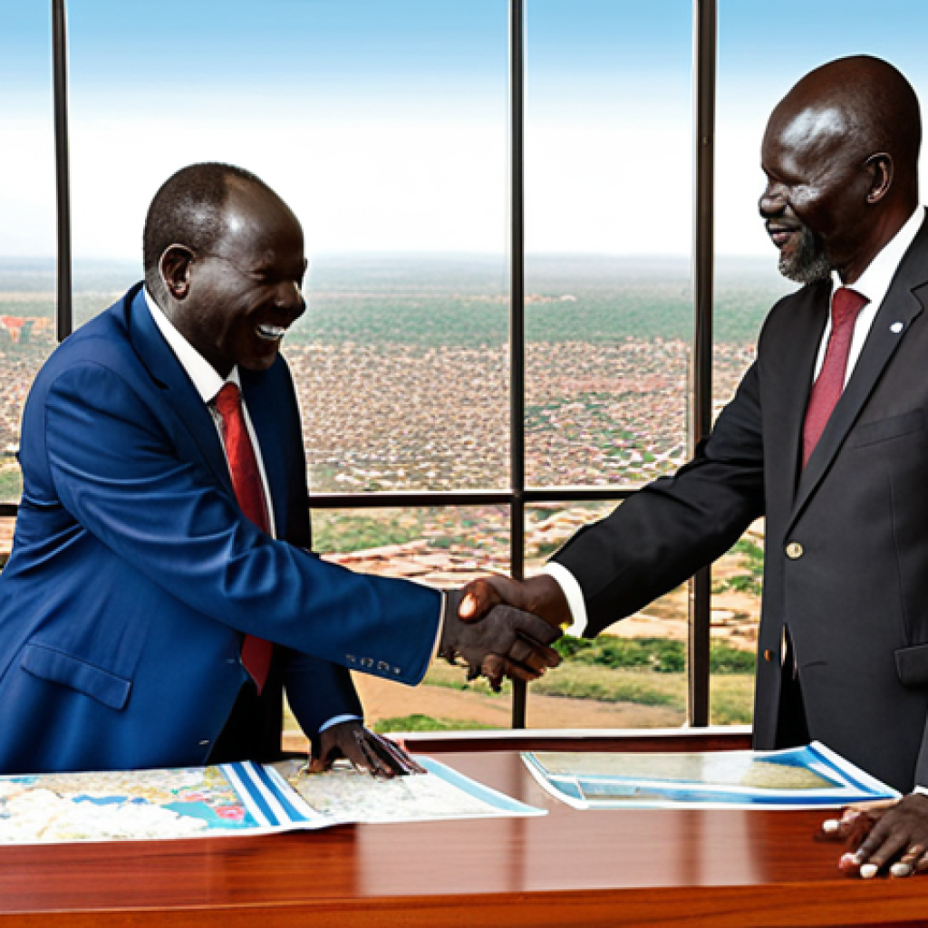 **Image Prompt 1:** South Sudanese and South African leaders shaking hands over a table with maps of both countries, symbolizing cooperation and development, with a focus on agriculture and education projects. Background: a blended image of Juba and Pretoria skylines.