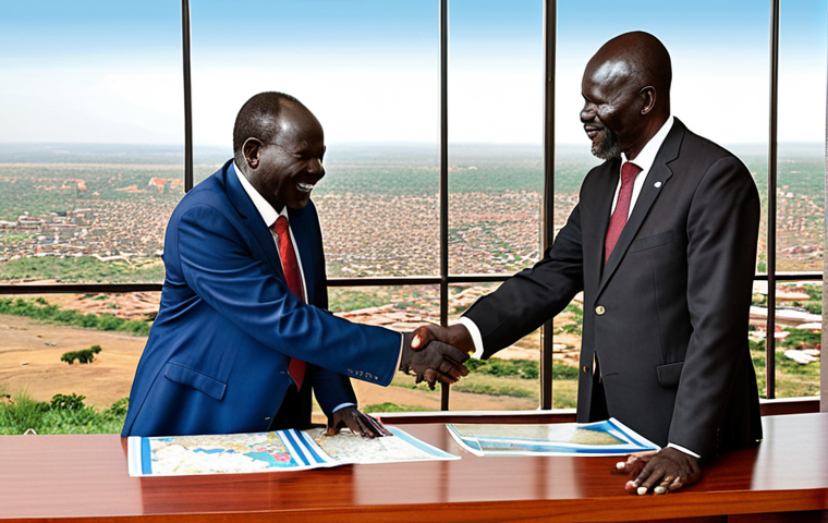 **Image Prompt 1:** South Sudanese and South African leaders shaking hands over a table with maps of both countries, symbolizing cooperation and development, with a focus on agriculture and education projects. Background: a blended image of Juba and Pretoria skylines.
