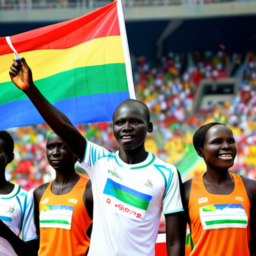**Prompt:** A vibrant, colorful image of South Sudanese athletes proudly waving their flag at the Rio 2016 Olympics opening ceremony. Focus on expressions of hope, determination, and national pride. Include a diverse group of athletes representing different sports, with the iconic Christ the Redeemer statue subtly visible in the background. Style: realistic painting with bright, warm colors, capturing the energy of the event.
