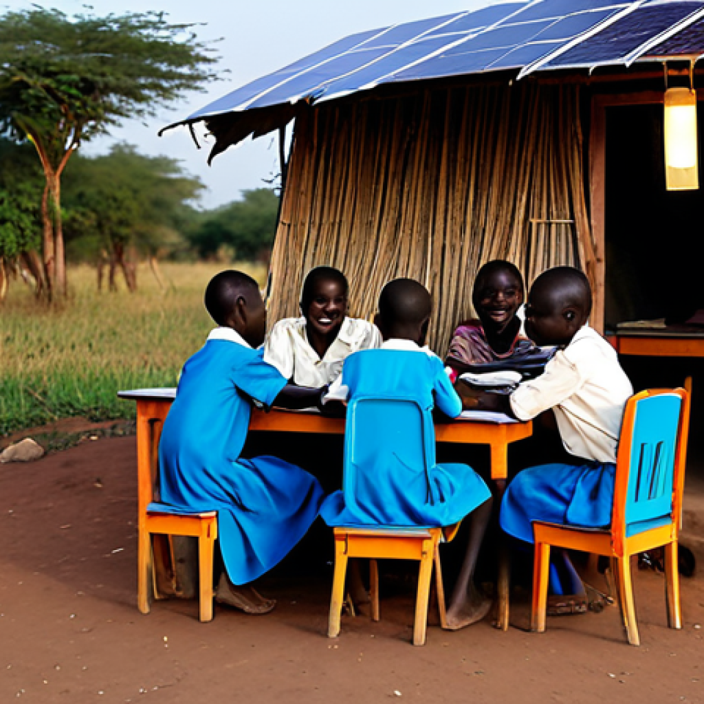 A group of South Sudanese children, fully clothed in modest, family-friendly attire, are gathered around a table studying books under the warm glow of a solar-powered LED lamp. The setting is a simple, clean village hut in South Sudan at dusk, with sunlight softly fading outside. A small solar panel is visible on the roof or nearby. The children have joyful, focused expressions, conveying hope and progress, with perfect anatomy, correct proportions, and natural poses. safe for work, appropriate content, fully clothed, professional photography, high quality.