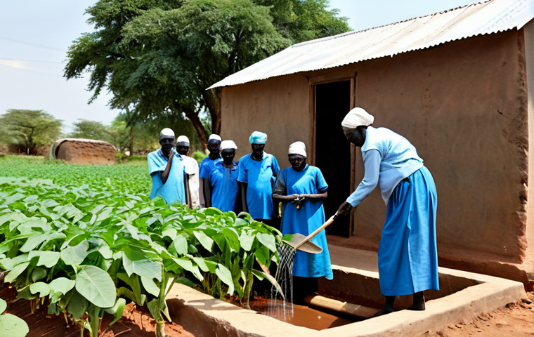 **Prompt 2: Community-Led Climate Adaptation**
    A small group of adult South Sudanese community members, fully clothed in modest, practical local attire, are collaboratively engaged in climate adaptation strategies within their village. The foreground prominently features one person demonstrating a simple, effective rainwater harvesting technique, directing water into a large container from a small roof structure. Nearby, another individual is carefully tending to a patch of drought-resistant crops, symbolizing smart agriculture. The background shows a well-maintained, resilient community space, perhaps with a slightly elevated structure or improved drainage. Their poses are natural and their expressions convey focus, collaboration, and hope. This professional, family-friendly image highlights local innovation and self-sufficiency. safe for work, appropriate content, fully clothed, modest clothing, perfect anatomy, correct proportions, natural pose, well-formed hands, proper finger count, natural body proportions.