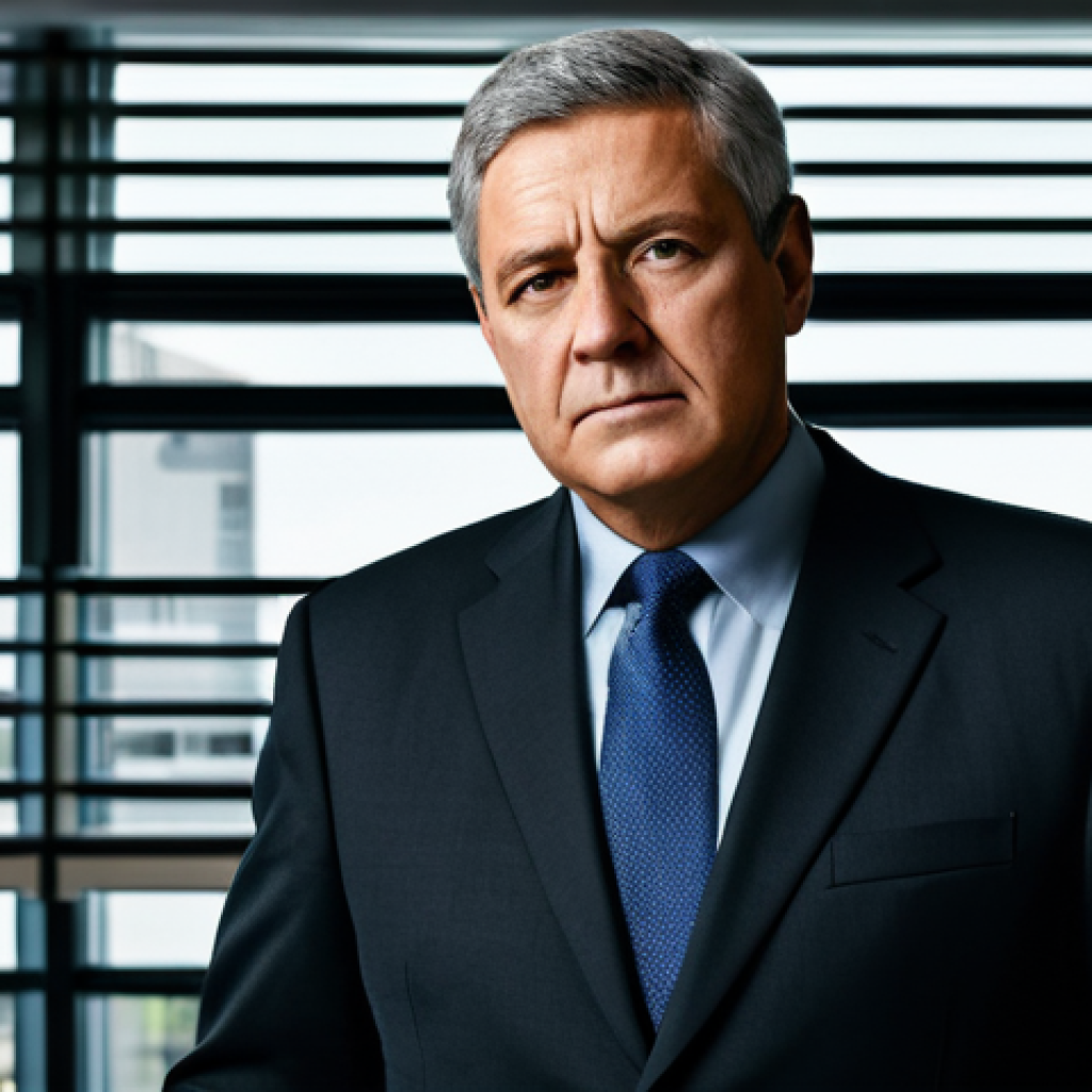 A mature professional leader, fully clothed in a modest, dark business suit, stands in a modern, slightly fragmented office environment, symbolizing internal divisions. The leader's expression is contemplative and serious, reflecting the "crisis of identity and purpose" and the challenges of transitioning from military logic to civic governance. The background subtly includes elements that suggest a once-unified structure now showing cracks. Professional lighting, high-resolution photography, perfect anatomy, correct proportions, natural pose, well-formed hands, proper finger count. Safe for work, appropriate content, fully clothed, professional, modest attire, family-friendly.