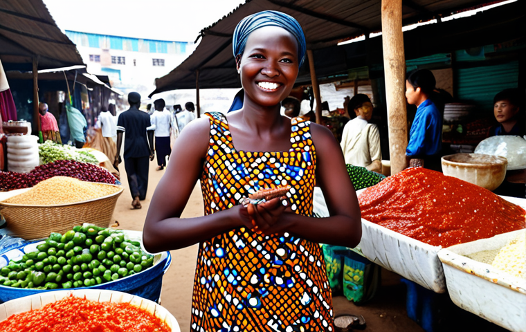 **

"A woman in a modest, colorful African-print dress, stands in a bustling Juba marketplace, fully clothed, appropriate attire, safe for work. She's smiling as she examines Korean ingredients like gochujang and gochugaru amongst local produce. Perfect anatomy, correct proportions, natural pose, well-formed hands, proper finger count, natural body proportions, professional photography, high quality, family-friendly."

**