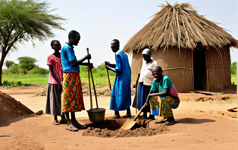 Community Well in Pajok**

"A group of South Sudanese villagers, fully clothed in colorful, traditional clothing, working together to build a community well in Pajok.  Men, women, and children are all participating, digging, carrying materials, and sharing smiles. The environment is a dry, dusty landscape with scattered huts.  Golden hour lighting.  Perfect anatomy, correct proportions, natural pose, well-formed hands, safe for work, appropriate content, fully clothed, professional, modest, family-friendly."

**