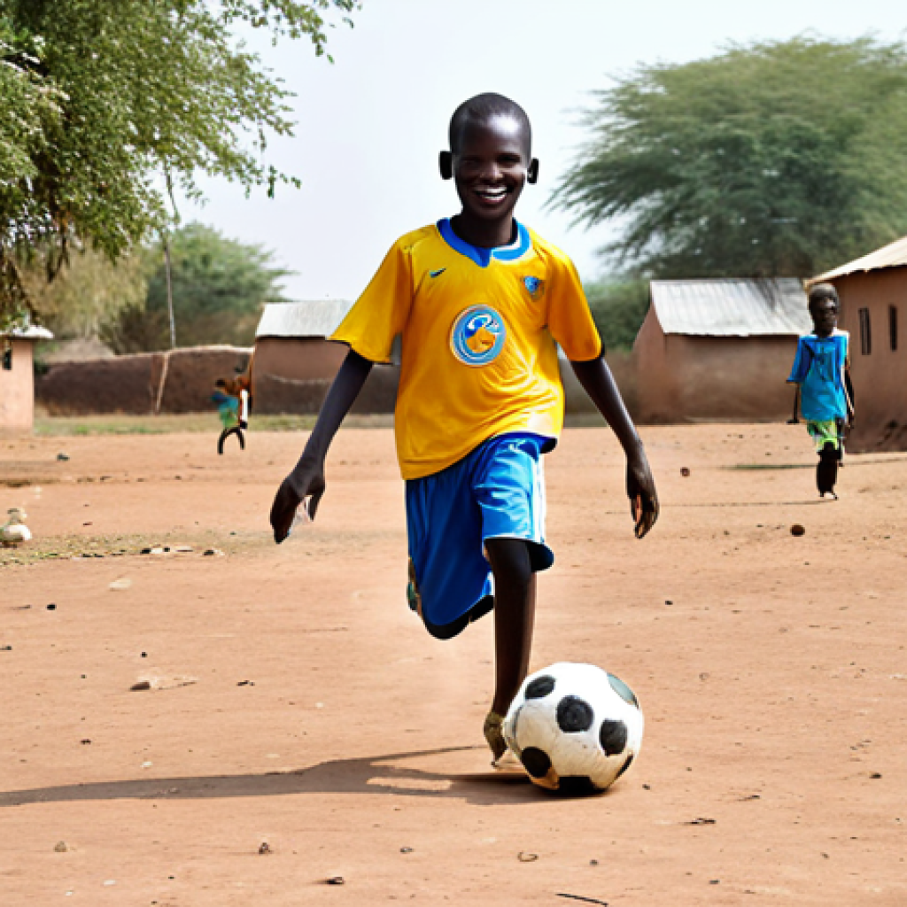Aspiring Young Footballer**

"A young South Sudanese boy, fully clothed in a modest, slightly worn football kit, dribbling a worn football on a dusty, makeshift pitch in a rural village. Background shows simple homes and smiling children. Safe for work, appropriate content, perfect anatomy, correct proportions, well-formed hands, natural pose, family-friendly, professional photography, high quality."

**