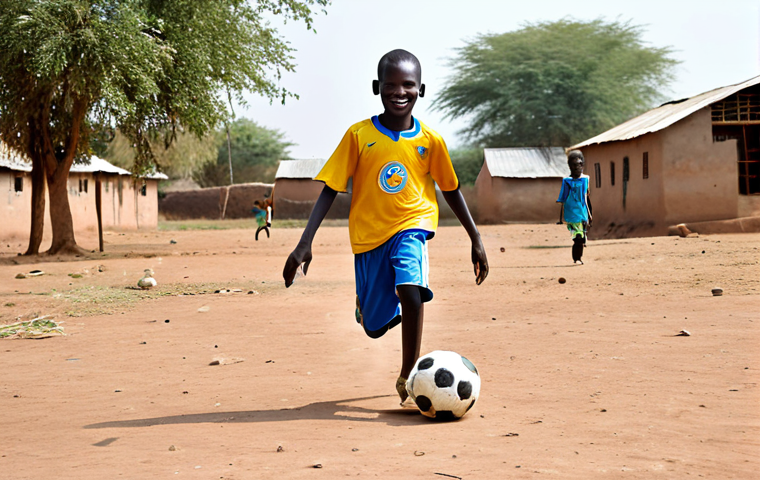 Aspiring Young Footballer**

"A young South Sudanese boy, fully clothed in a modest, slightly worn football kit, dribbling a worn football on a dusty, makeshift pitch in a rural village. Background shows simple homes and smiling children. Safe for work, appropriate content, perfect anatomy, correct proportions, well-formed hands, natural pose, family-friendly, professional photography, high quality."

**