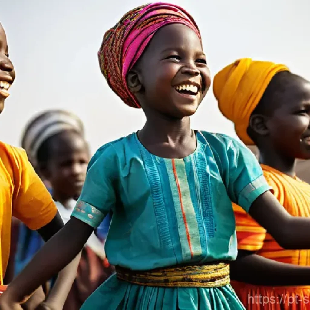남수단의 종교적 축제 - **Prompt:** A vibrant celebration in a South Sudanese village, depicting the "Colors and Rhythms" of...