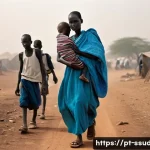 Home 22 남수단의 전쟁 범죄 기록 - **A Family's Arduous Journey for Survival:**
"A wide, poignant shot of a South Sudanese family, ...