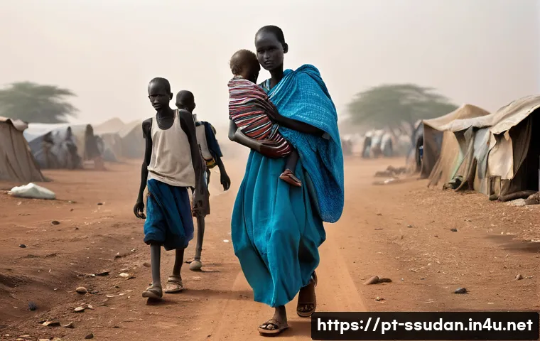 남수단의 전쟁 범죄 기록 - **A Family's Arduous Journey for Survival:**
    "A wide, poignant shot of a South Sudanese family, ...