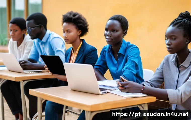 남수단에서 유학하기 - **Prompt:** A group of diverse young adult students, both male and female, from various South Sudane...