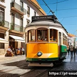 Home 19 주바 생활 정보 - A vibrant street scene in Lisbon featuring a colorful tram (eléctrico) navigating narrow cobblestone...