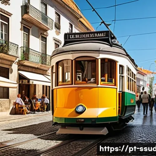 Home 31 주바 생활 정보 - A vibrant street scene in Lisbon featuring a colorful tram (eléctrico) navigating narrow cobblestone...