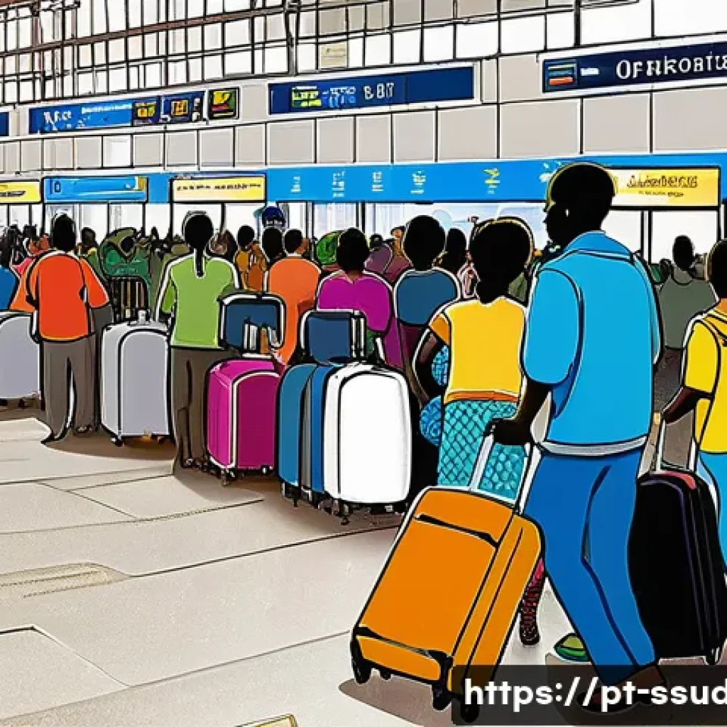 남수단 항공편 가격 - A detailed digital illustration of an international airport departure hall during high travel season...