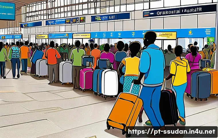 남수단 항공편 가격 - A detailed digital illustration of an international airport departure hall during high travel season...