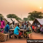 남수단에서 소셜미디어 사용 - A vibrant rural South Sudanese village scene at dusk, showing local people of diverse ethnic groups ...