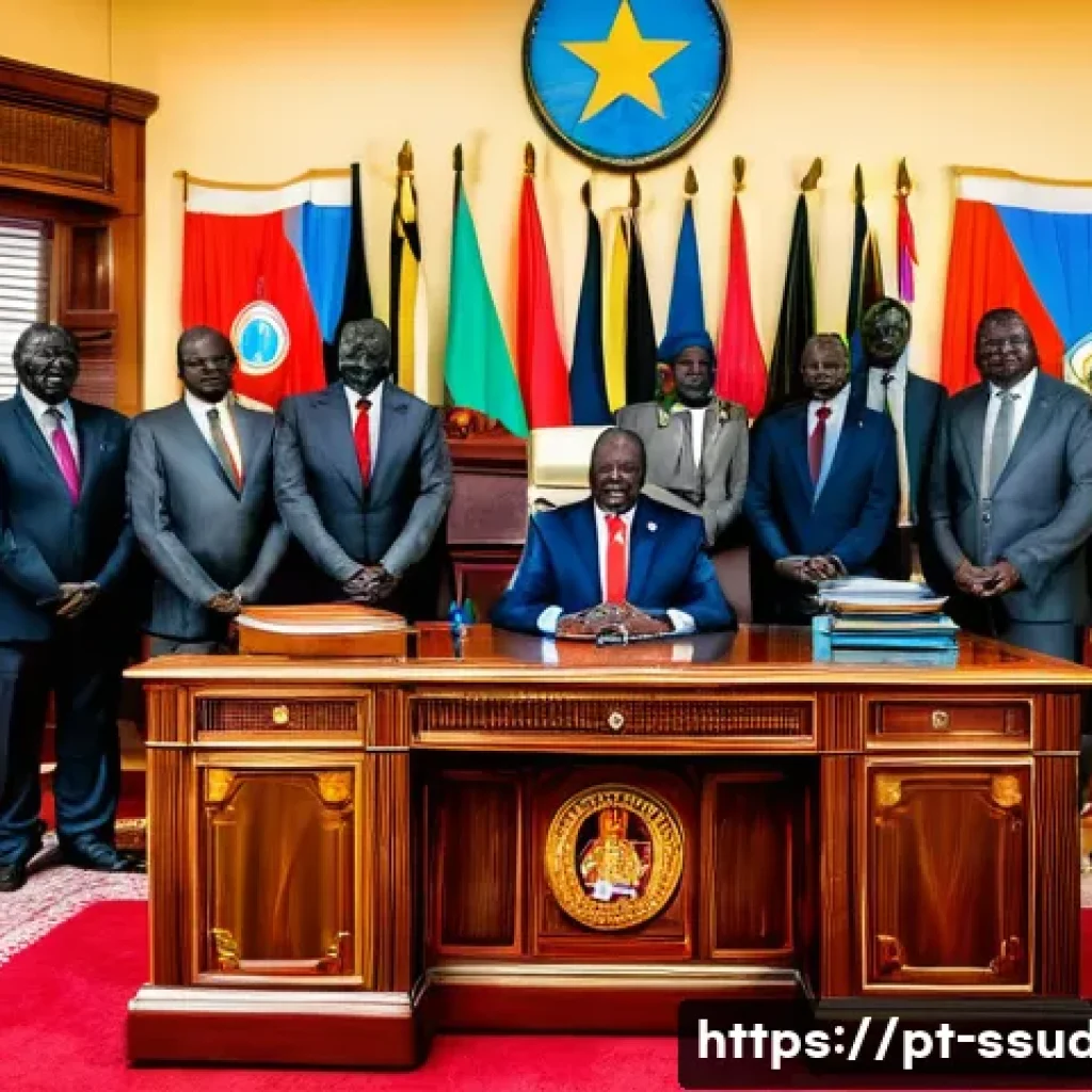 남수단 정치 구조 - A detailed scene depicting the President of South Sudan in a formal office setting, seated behind a ...
