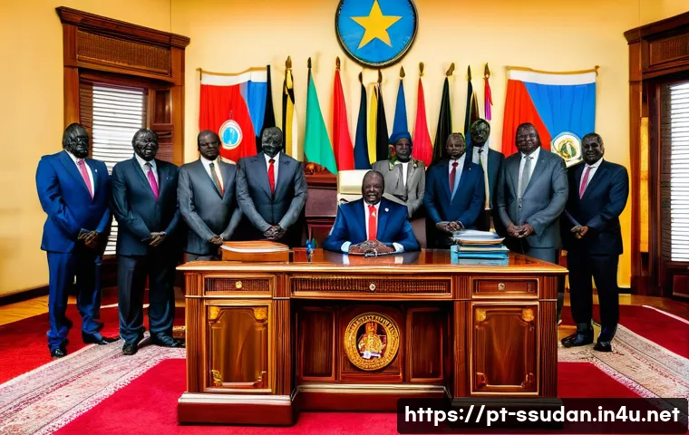 남수단 정치 구조 - A detailed scene depicting the President of South Sudan in a formal office setting, seated behind a ...