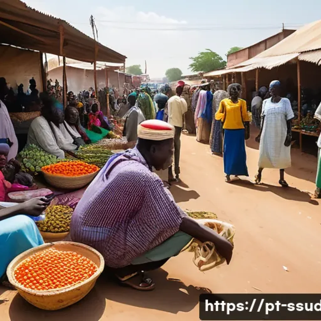 남수단 안전 여행 팁 - A detailed scene of Juba, the capital of South Sudan, showing a bustling urban market during daytime...