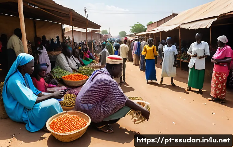 남수단 안전 여행 팁 - A detailed scene of Juba, the capital of South Sudan, showing a bustling urban market during daytime...