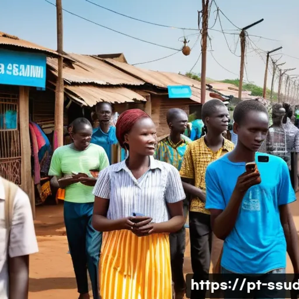 남수단 스마트폰 보급률 - A vibrant street scene in Juba, South Sudan, showing diverse young people using affordable smartphon...