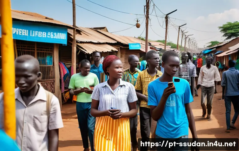 남수단 스마트폰 보급률 - A vibrant street scene in Juba, South Sudan, showing diverse young people using affordable smartphon...