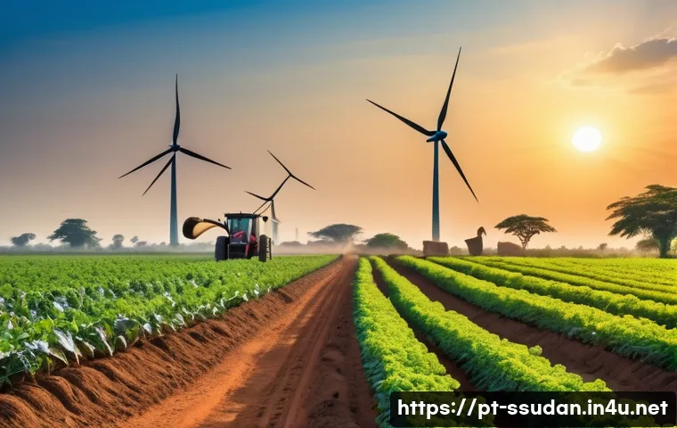 남수단의 외국인 투자 유치 정책 - A bustling South Sudanese agricultural scene at sunrise, showcasing local farmers wearing light cott...