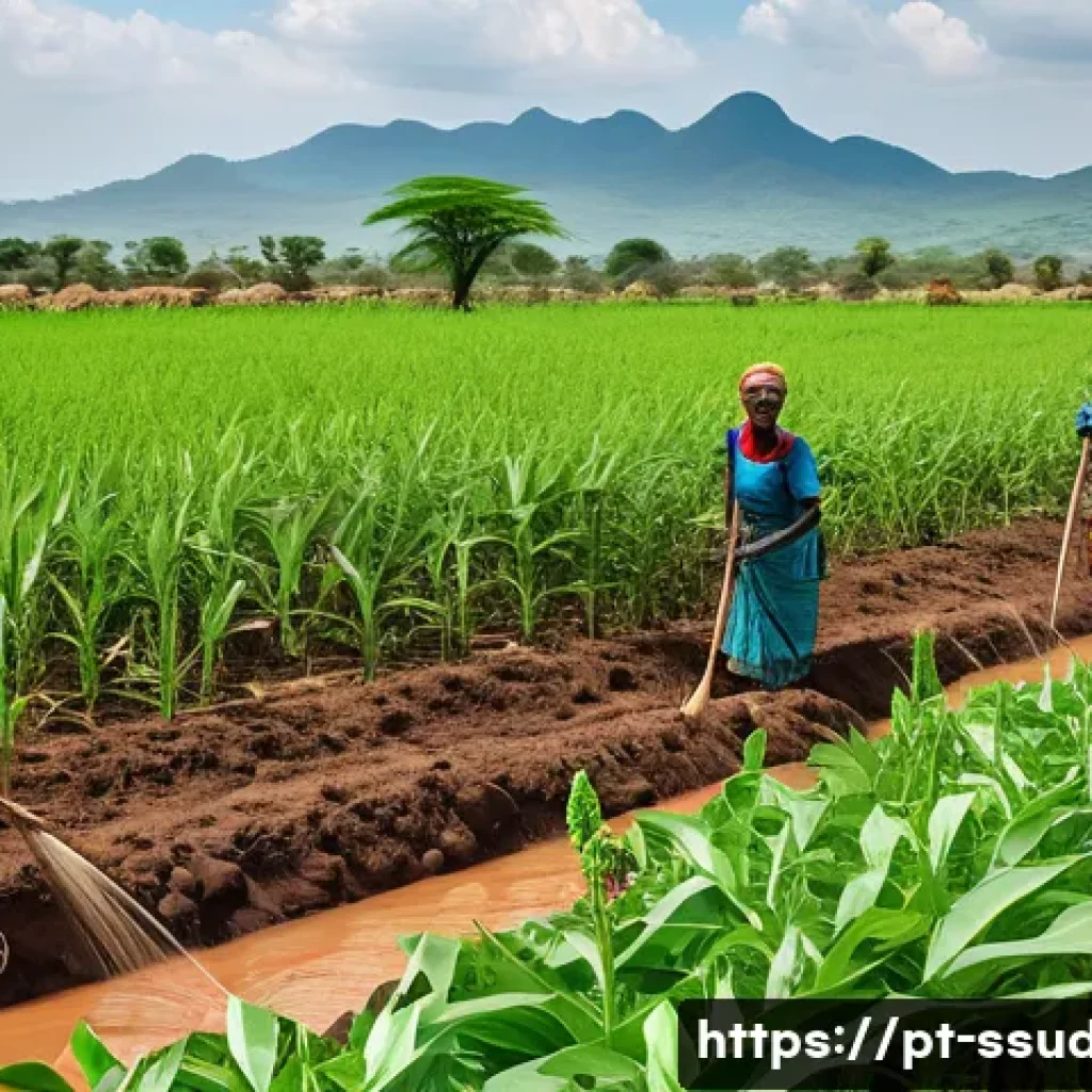 남수단 농업 및 주요 생산물 - A vibrant rural South Sudanese farming scene showing small-scale farmers, men and women in colorful ...