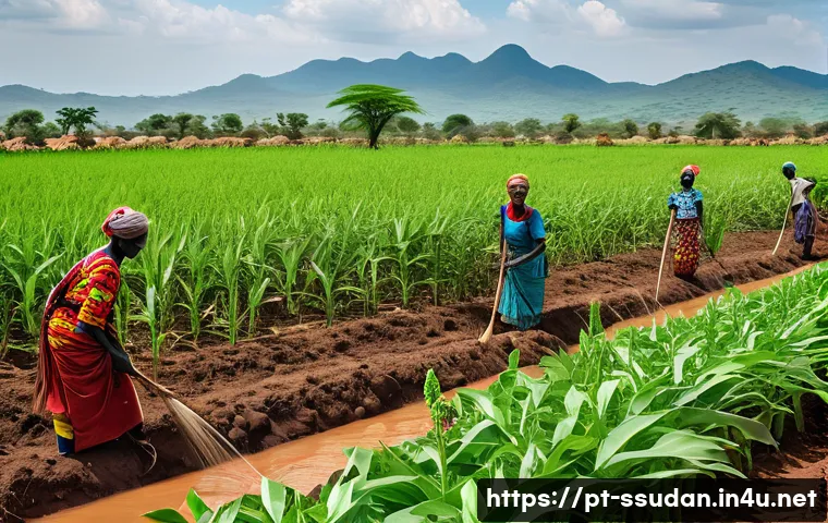 남수단 농업 및 주요 생산물 - A vibrant rural South Sudanese farming scene showing small-scale farmers, men and women in colorful ...