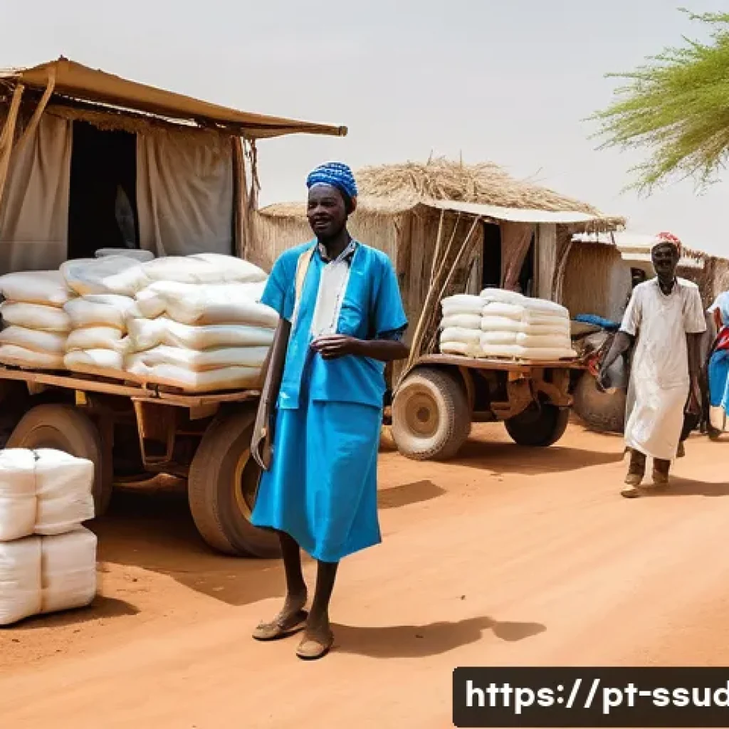 남수단과 미국 관계 - A detailed scene depicting a humanitarian aid distribution in a remote South Sudanese village: local...