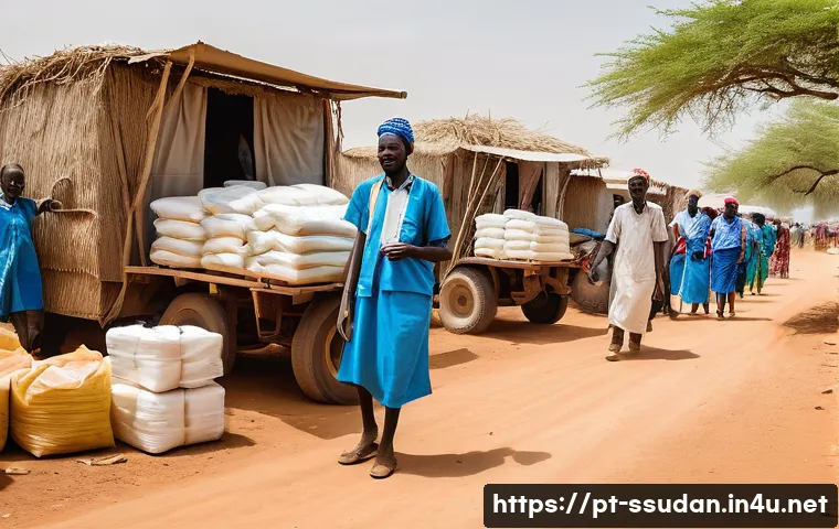 남수단과 미국 관계 - A detailed scene depicting a humanitarian aid distribution in a remote South Sudanese village: local...