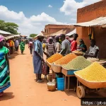 Home 21 남수단에서 사업 창업 - A vibrant South Sudanese marketplace scene during daytime, bustling with young entrepreneurs and div...