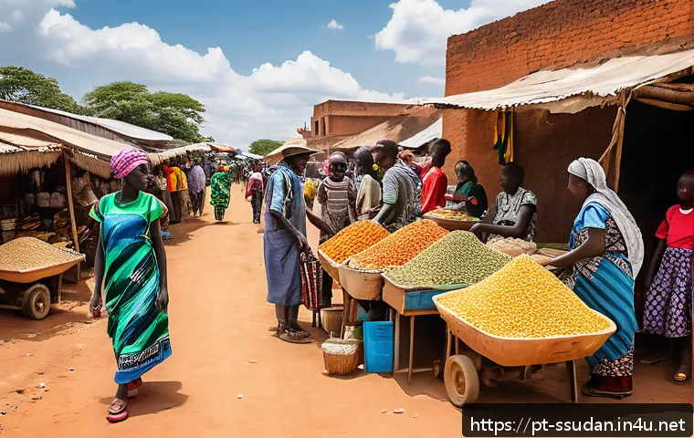 남수단에서 사업 창업 - A vibrant South Sudanese marketplace scene during daytime, bustling with young entrepreneurs and div...