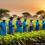 Home 19 남수단 주요 산업 - A vibrant rural South Sudanese farm scene at sunrise, showcasing local farmers wearing traditional l...
