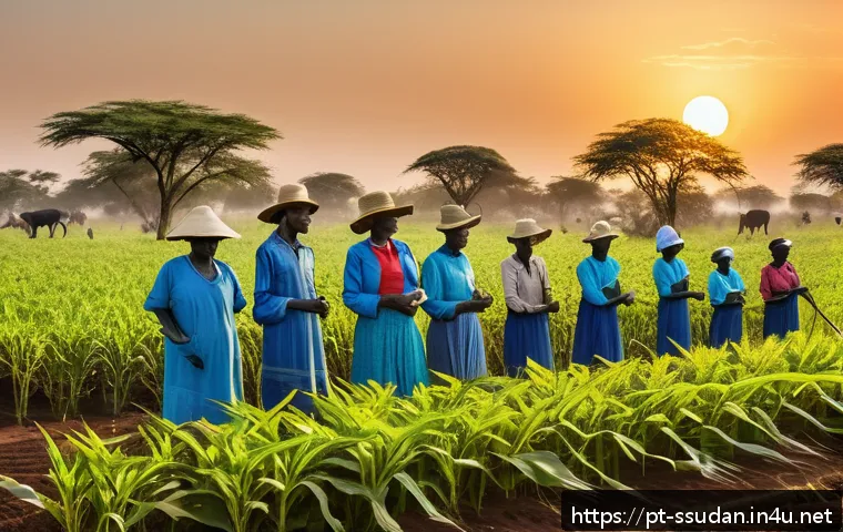 남수단 주요 산업 - A vibrant rural South Sudanese farm scene at sunrise, showcasing local farmers wearing traditional l...