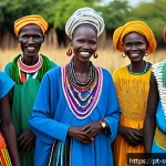 Home 23 남수단 주요 도시 - A vibrant traditional South Sudanese village scene showing diverse ethnic community members wearing ...