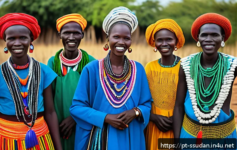 남수단 주요 도시 - A vibrant traditional South Sudanese village scene showing diverse ethnic community members wearing ...