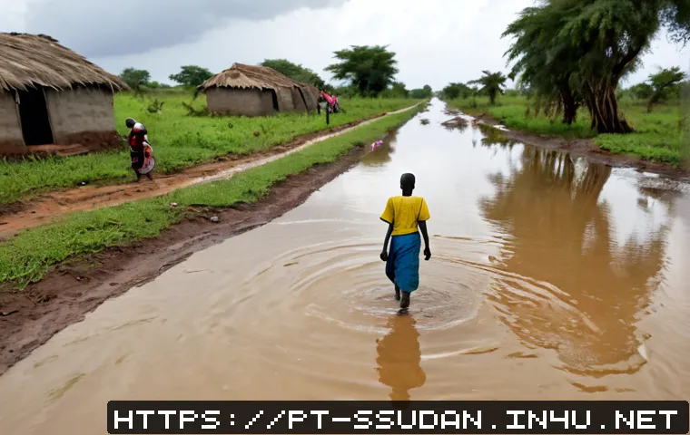 Home 17 남수단에서 일어나는 자연재해 - Photorealistic wide-angle scene of severe seasonal flooding in rural South Sudan, a small cluster of...
