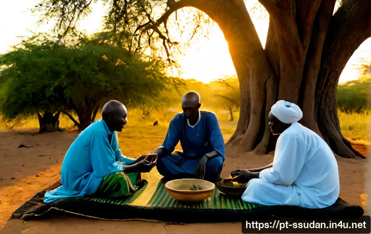 남수단의 치유 의식 - Photorealistic documentary-style scene of a South Sudanese community healing gathering at sunrise, a...