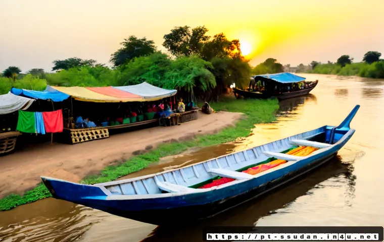 말라칼 Malakal  여행 - Photorealistic travel scene in Malakal, South Sudan, a calm White Nile riverbank at golden sunrise, ...