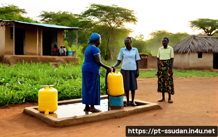 남수단의 사회적 문제 - Photorealistic documentary-style scene in a rural South Sudanese community, local women and men wait...