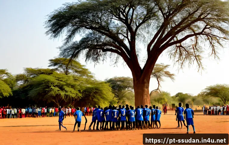 Home 17 남수단 스포츠와 축구 - Photorealistic South Sudan youth football match on a sunlit red-dirt community field, two teams in s...